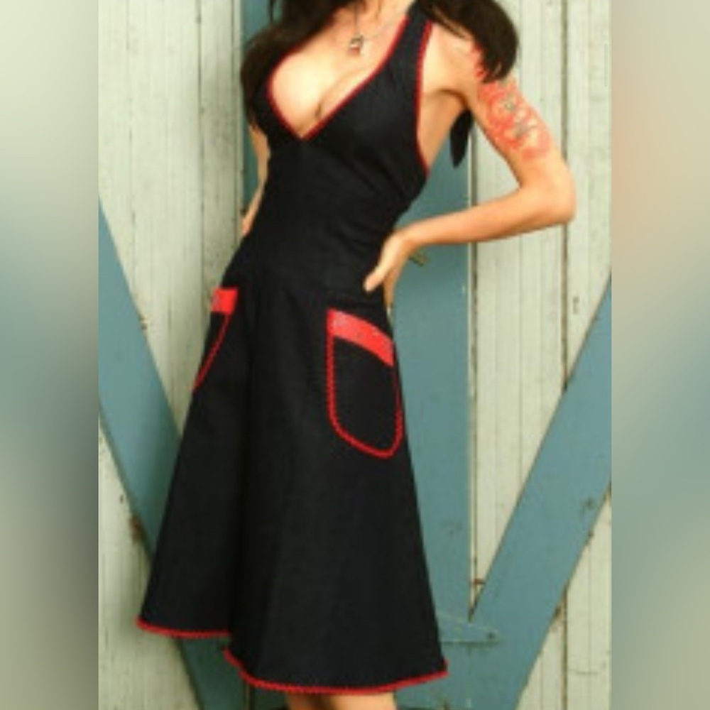 PINUP GIRL CLOTHING Jean and Red Backless Dress